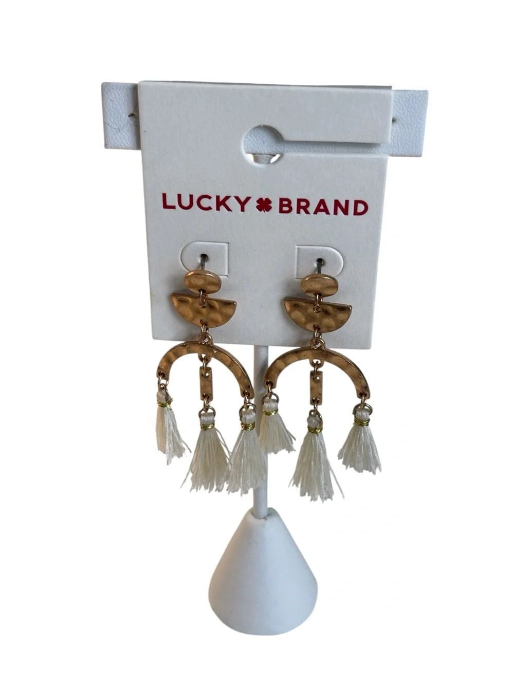 Hammered Gold-Tone Chandelier Earrings w/ Creme Colored Tassels.